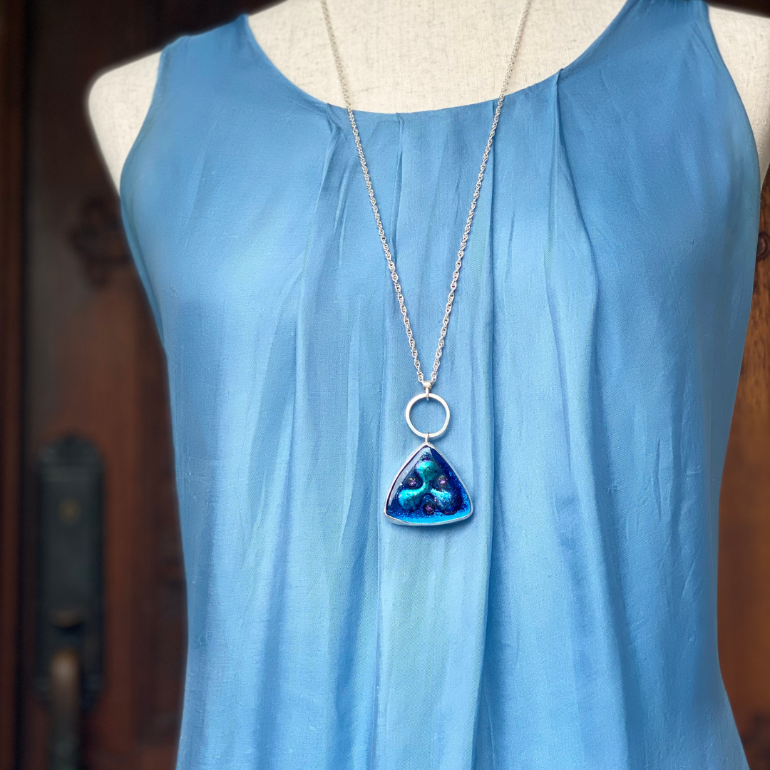 Blue, Purple, and Silver Dazzle Triangle Pendant Necklace