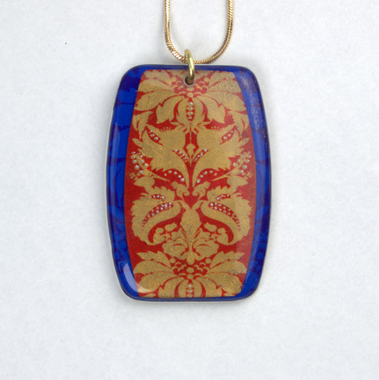Red and White on Blue and Gold Pendant Necklace