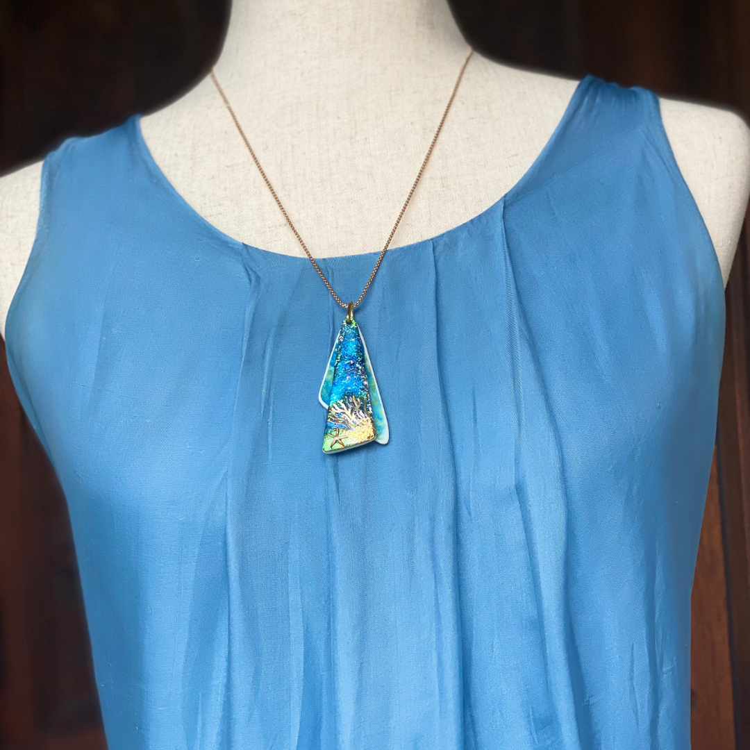 Coral and Blue Dazzle Two Layer Pendant Necklace