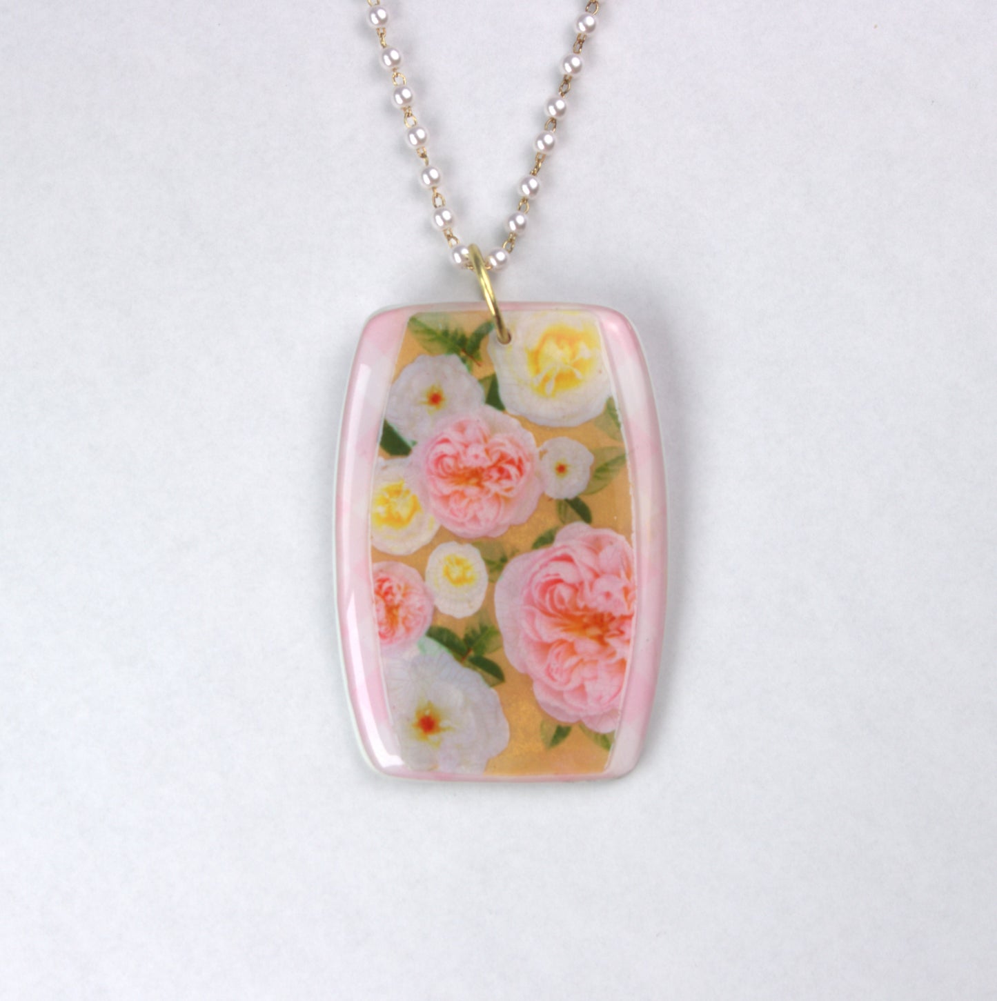 Pink and Gold Roses Pendant Necklace