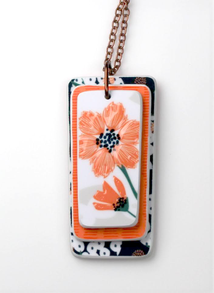 Orange and Blue Poppy Rectanglular Three-Layer Necklace