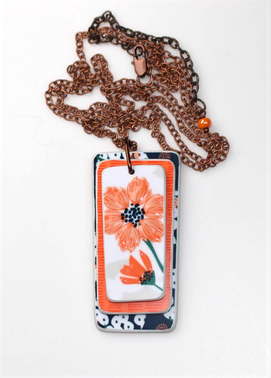 Orange and Blue Poppy Rectanglular Three-Layer Necklace