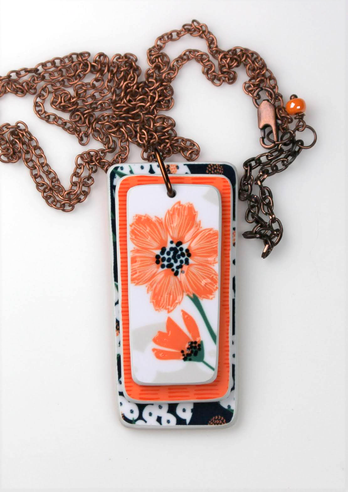 Orange and Blue Poppy Rectanglular Three-Layer Necklace